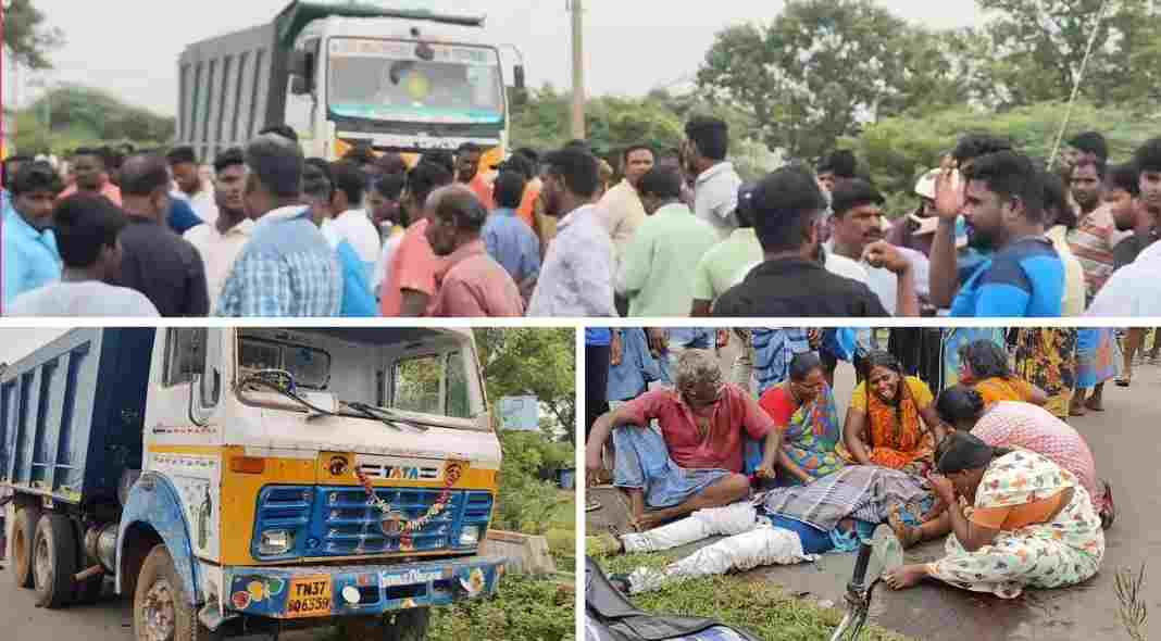 திருவள்ளூர் அருகே சவுண்டுமண் லாரி மோதி இளைஞர் உயிரிழப்பு உரிய நீதி கிடைக்கும் வரை உடலை எடுக்க விடமாட்டோம் - உறவினர்கள்