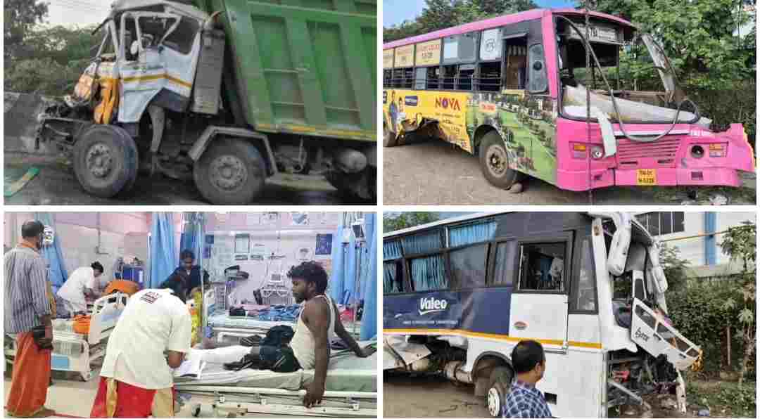 ஒரகடம் அருகே சாலையைக் கடக்க முயன்ற அரசு பேருந்து மீது லாரி மற்றும் தனியார் நிறுவன பேருந்து மோதிய விபத்தில் 20 க்கும் மேற்பட்டவர்கள் காயம். 