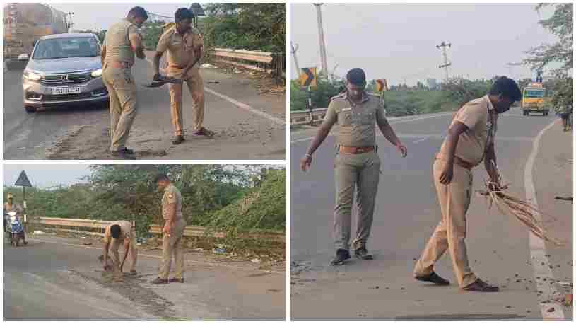 நெடுஞ்சாலையில் விபத்து ஏற்படும் வகையில் கொட்டிக் கிடந்த சிமெண்ட் கலவைகளை அகற்றிய காவலர்களுக்கு குவியும் பாராட்டு.