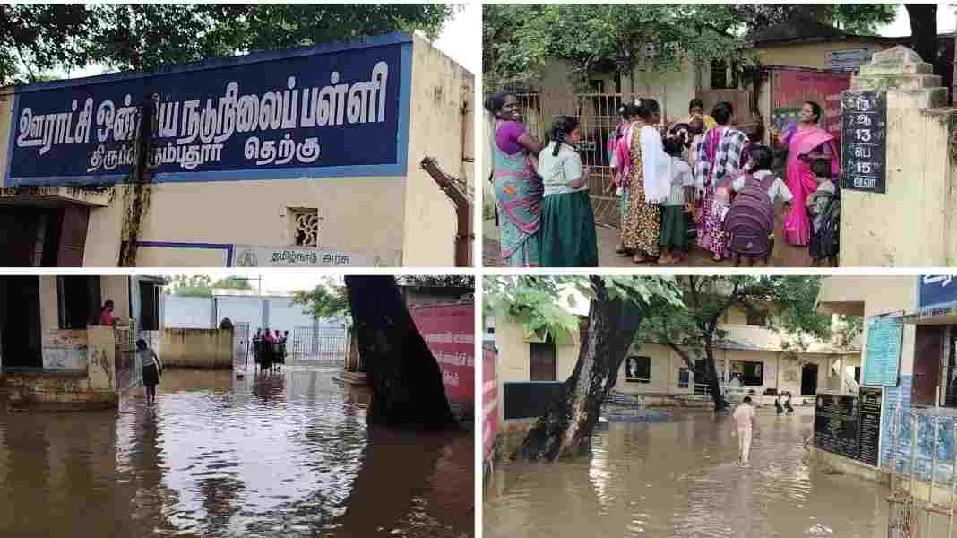 ஸ்ரீபெரும்புதூர் கச்சிப்பட்டு ஊராட்சி ஒன்றிய நடுநிலைப் பள்ளியில் மழை நீர் மற்றும் கழிவு நீர் தேங்கி நிற்பதால் மாணவர்களுக்கு தொற்றுநோய் பரவும் அபாயம்.