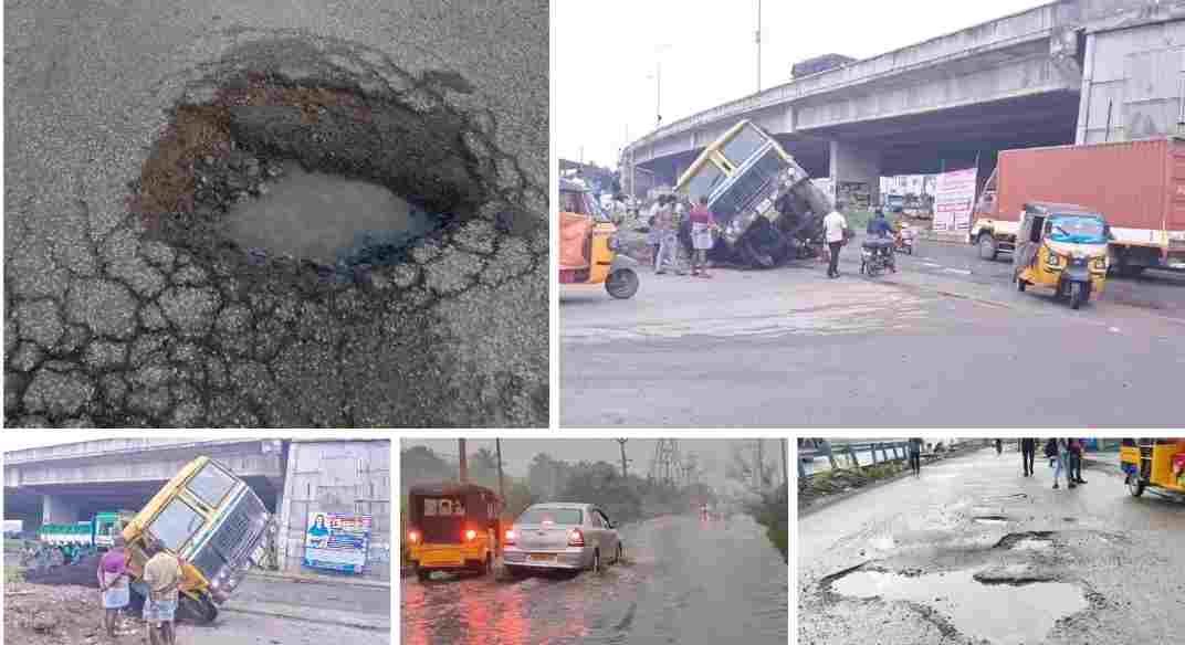 கும்மிடிப்பூண்டி அருகே சென்னை கொல்கத்தா தேசிய நெடுஞ்சாலையில் ராட்சதப் பள்ளங்கள் வாகன ஓட்டிகள்  கடும் அவதி 