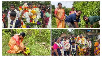 இடமாற்றமாகி செல்லும் கிராம அலுவலருக்கு மலர்மாலைகளை அணிவித்து கண்ணீருடன் வழியனுப்பி வைத்த வவுனியா - கந்தபுரம் கிராம மக்கள்