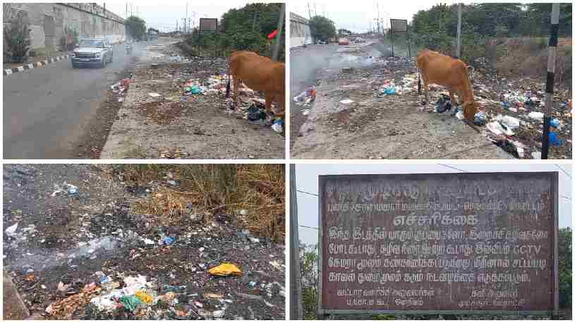 முடிச்சூர் வெளிவட்ட சாலைகள் சந்திப்பில், அணுகு சாலையோரத்தில் மூட்டை மூட்டையாக குப்பை கொட்டி எரிப்பதால்,  சுகாதார சீர்கேடு ஏற்படும் அபாயம்.