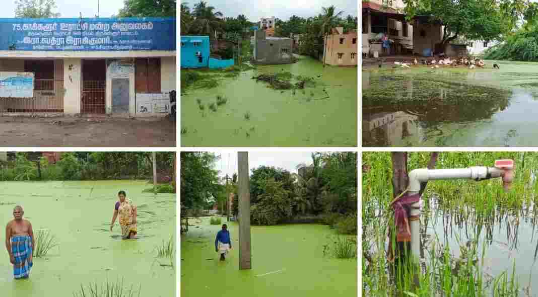 திருவள்ளூரில் வீட்டைச் வீட்டைச் சுற்றி சூழ்ந்த மழை நீர் மக்கள் தவிப்பு.