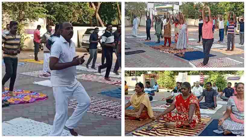 போலீஸாருக்கு பணிச்சுமையால் ஏற்படும் மன அழுத்தத்தை போக்க யோகா பயிற்சி.